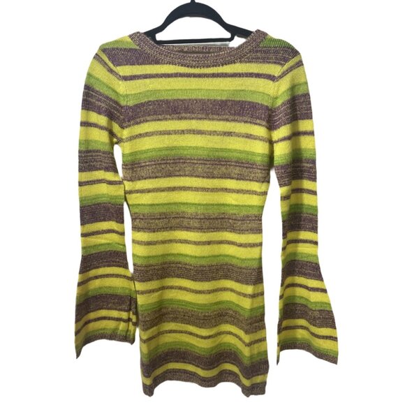 NWT Long Bell Sleeve Open Back Bodycon Multi Color Knit Mini Dress Size S - Picture 3 of 7